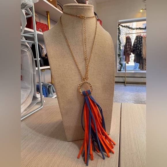 Jewelry - Gold Tone Necklace with Blue and Orange Tassels